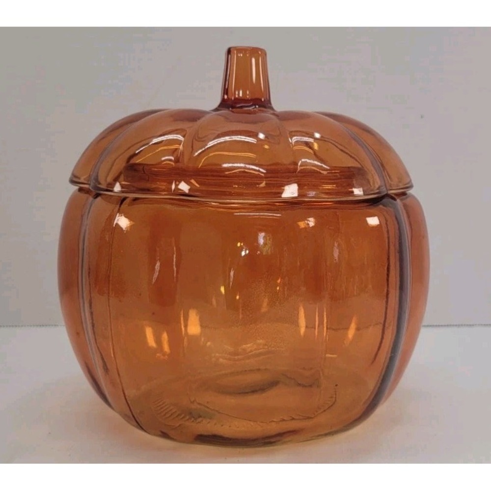 Anchor Hocking Orange Glass Halloween Pumpkin Candy Dish With Lid  7 1/2" Tall